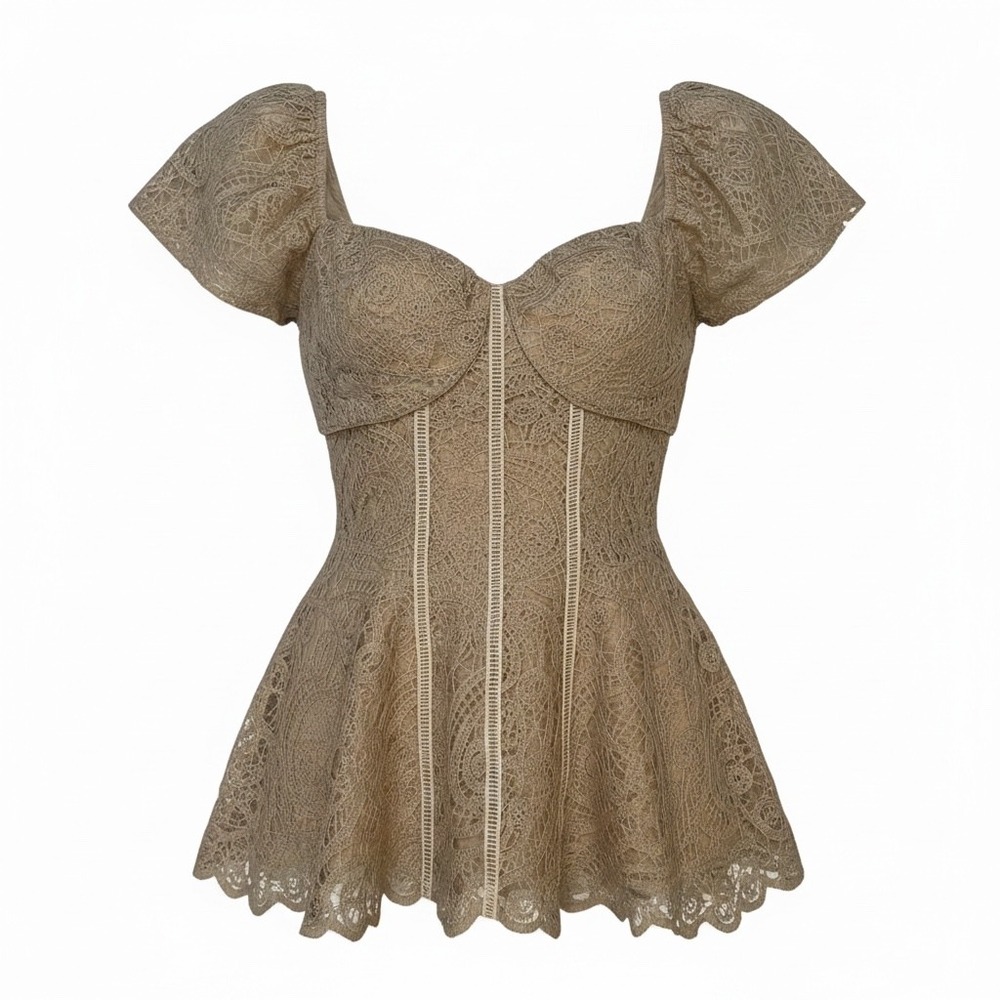 New Trend Lace Corset Peplum Top Taupe Tan Puff Sleeve Sweetheart Neckline NWT